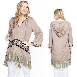 Faux Suede Leather Western Embroidery Tassel Hem Hooded Tunic TOP - D203